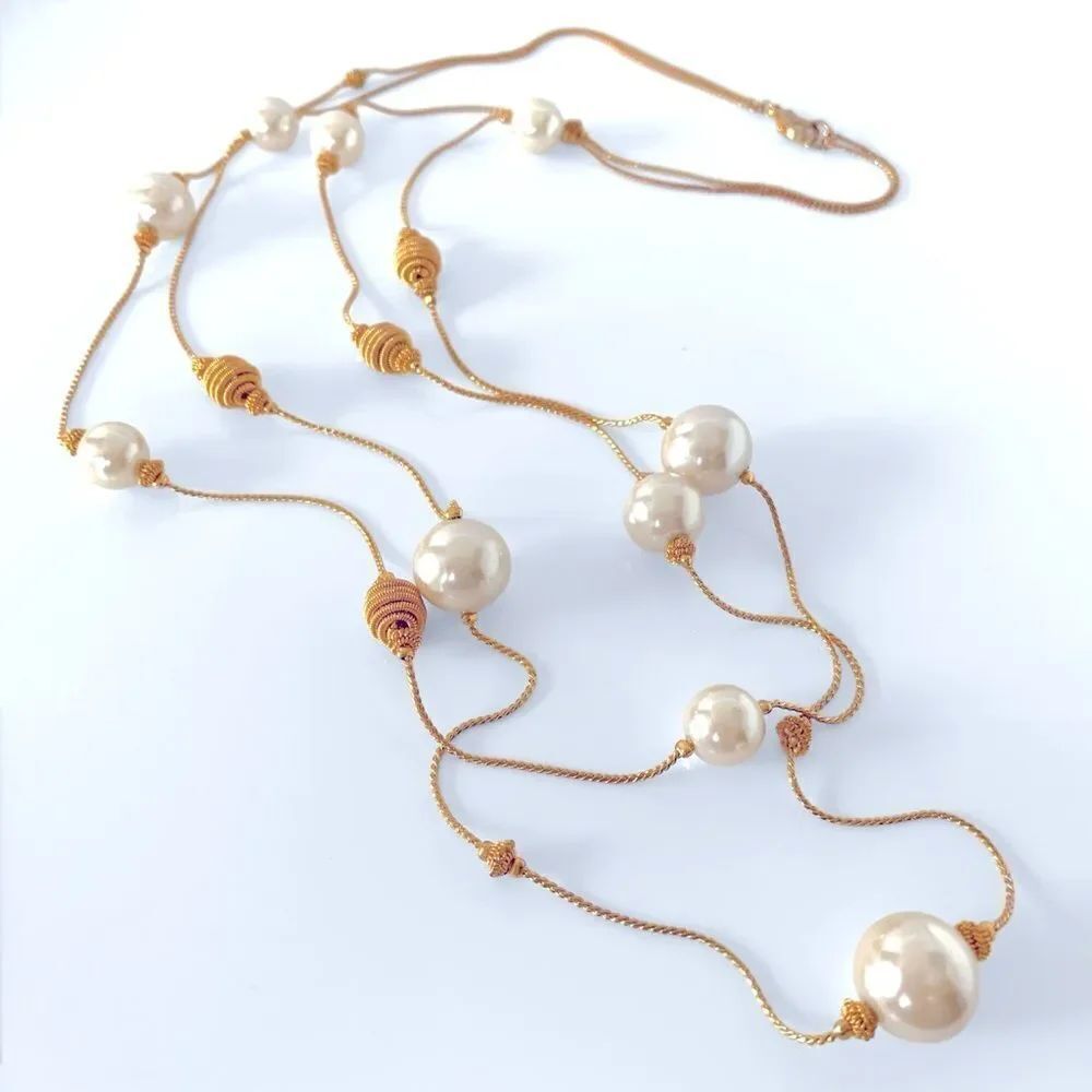 Vintage Faux Pearl Gold Coil Beehive Beaded Necklace